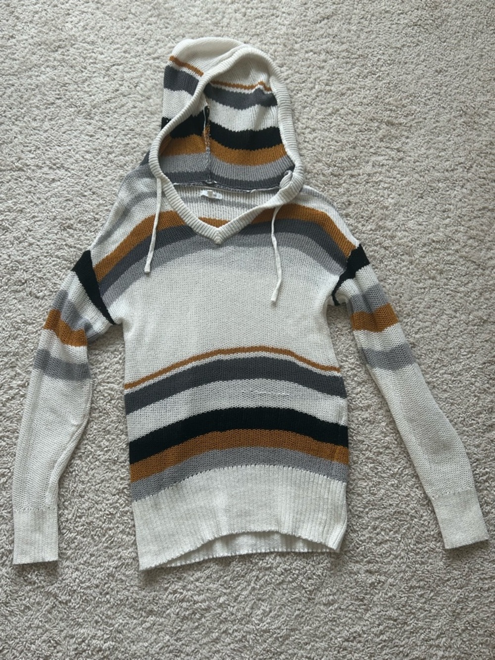 Maurices V-Neck Hooded Sweater - Cream, Gray & Mustard